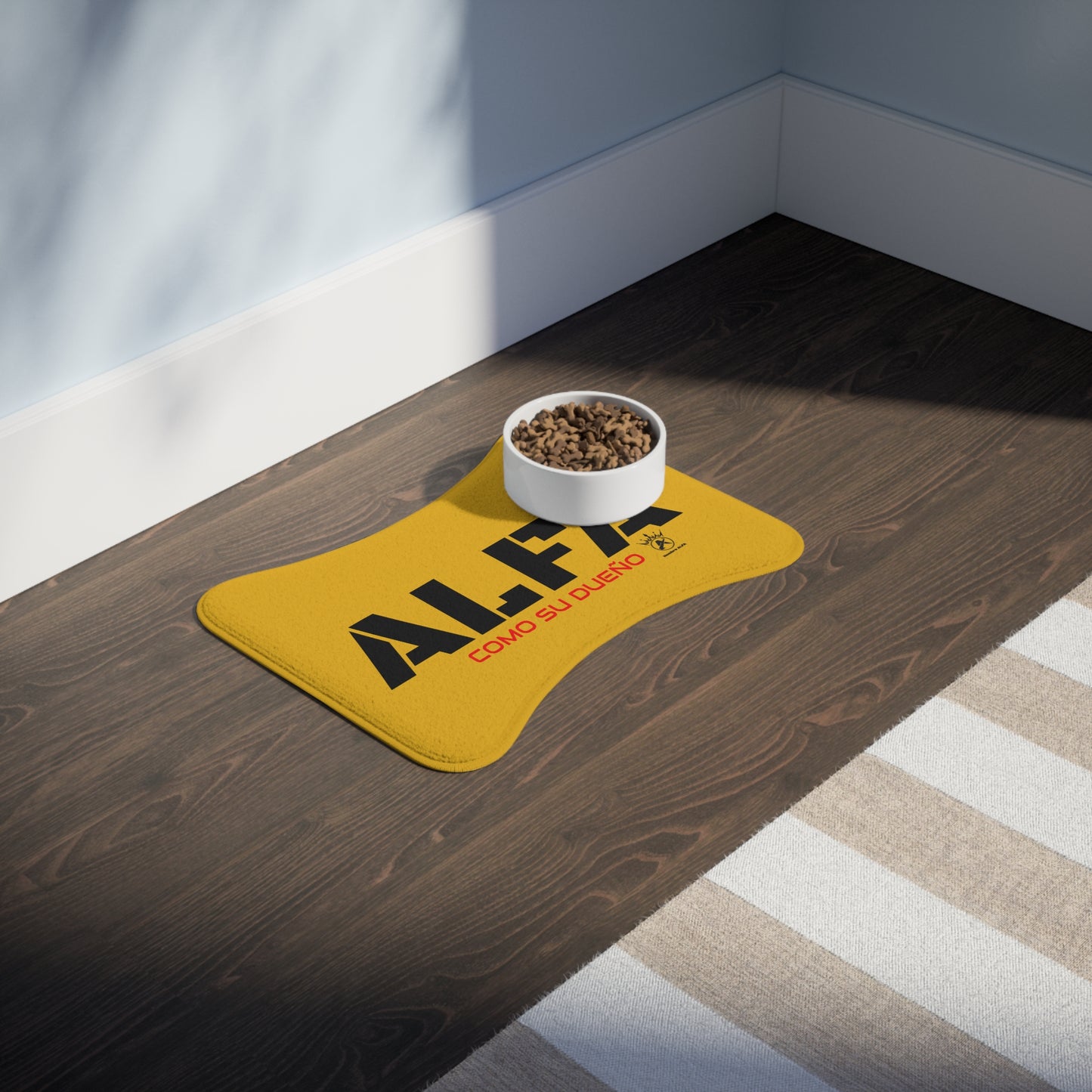 ALFOMBRILLA PARA ALIMENTACIÓN DE MASCOTAS HOMBRE ALFA "ALFA COMO SU DUEÑO".(EUROPA/USA).